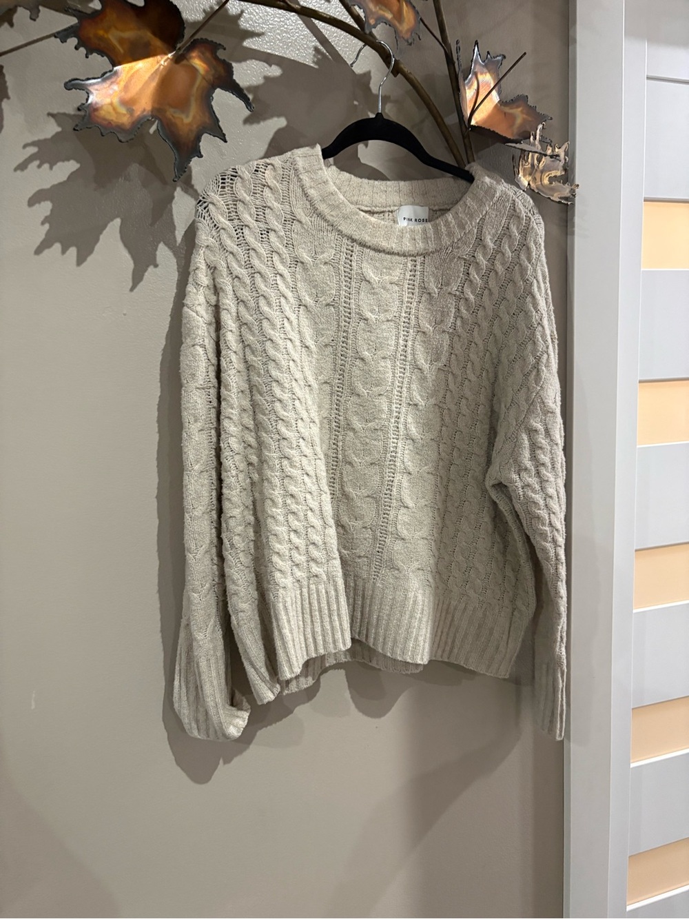 Pink Rose Cable-Knit Crewneck Sweater - Cream